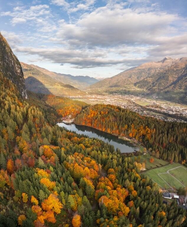Goldener Herbst am Ufer des Tristacher Sees in der Region Lienz Dolomites