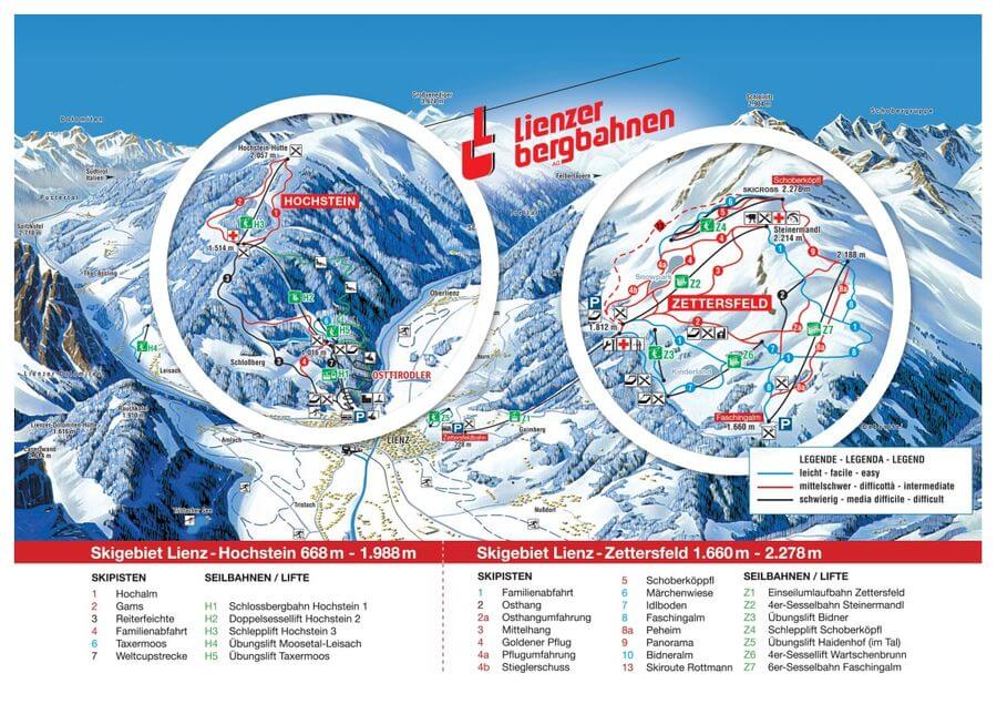 Skigebiet Zettersfeld & Hochstein Lienz in Osttirol - Karte