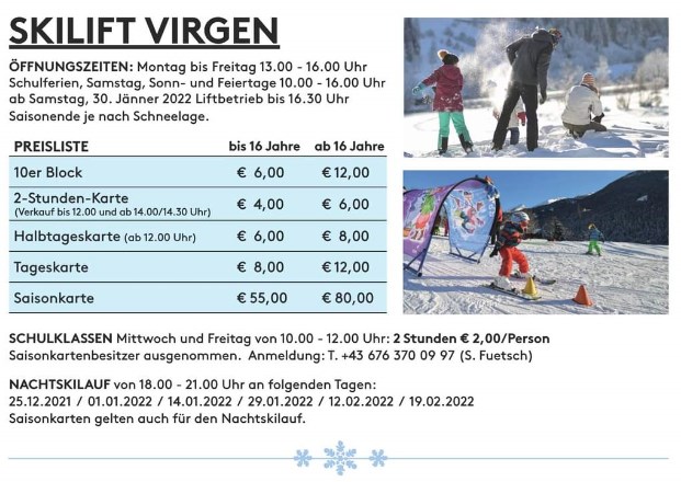 Skiliftpreise & Öffnungszeiten Fellachlift Virgen 2021-2021