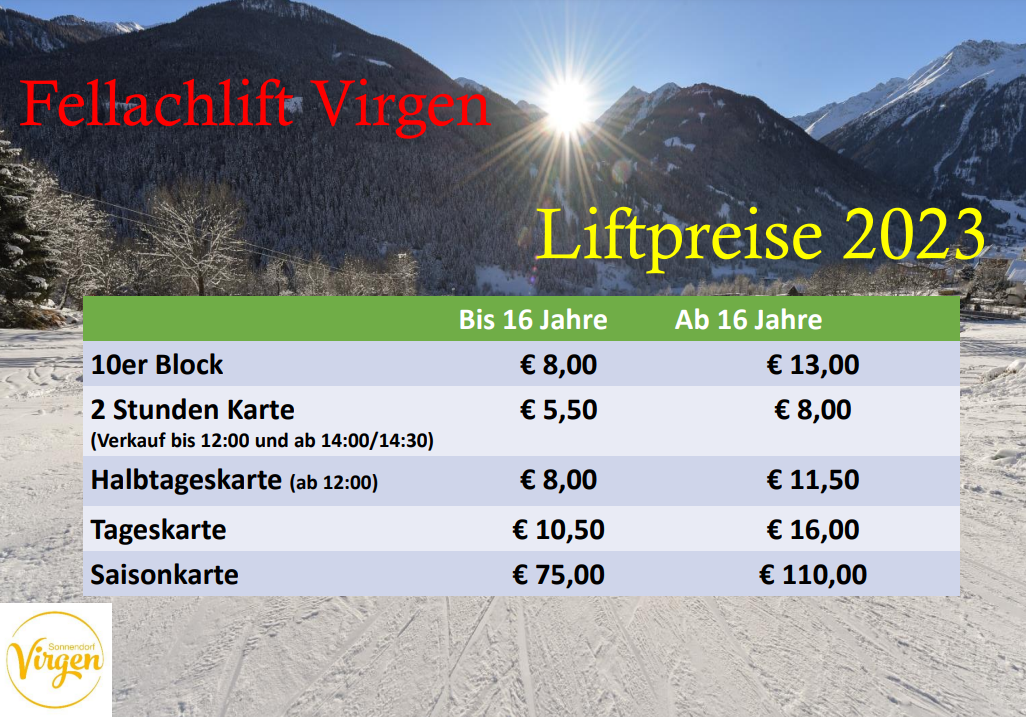 Skiliftpreise & Öffnungszeiten Fellachlift Virgen 2023-2024